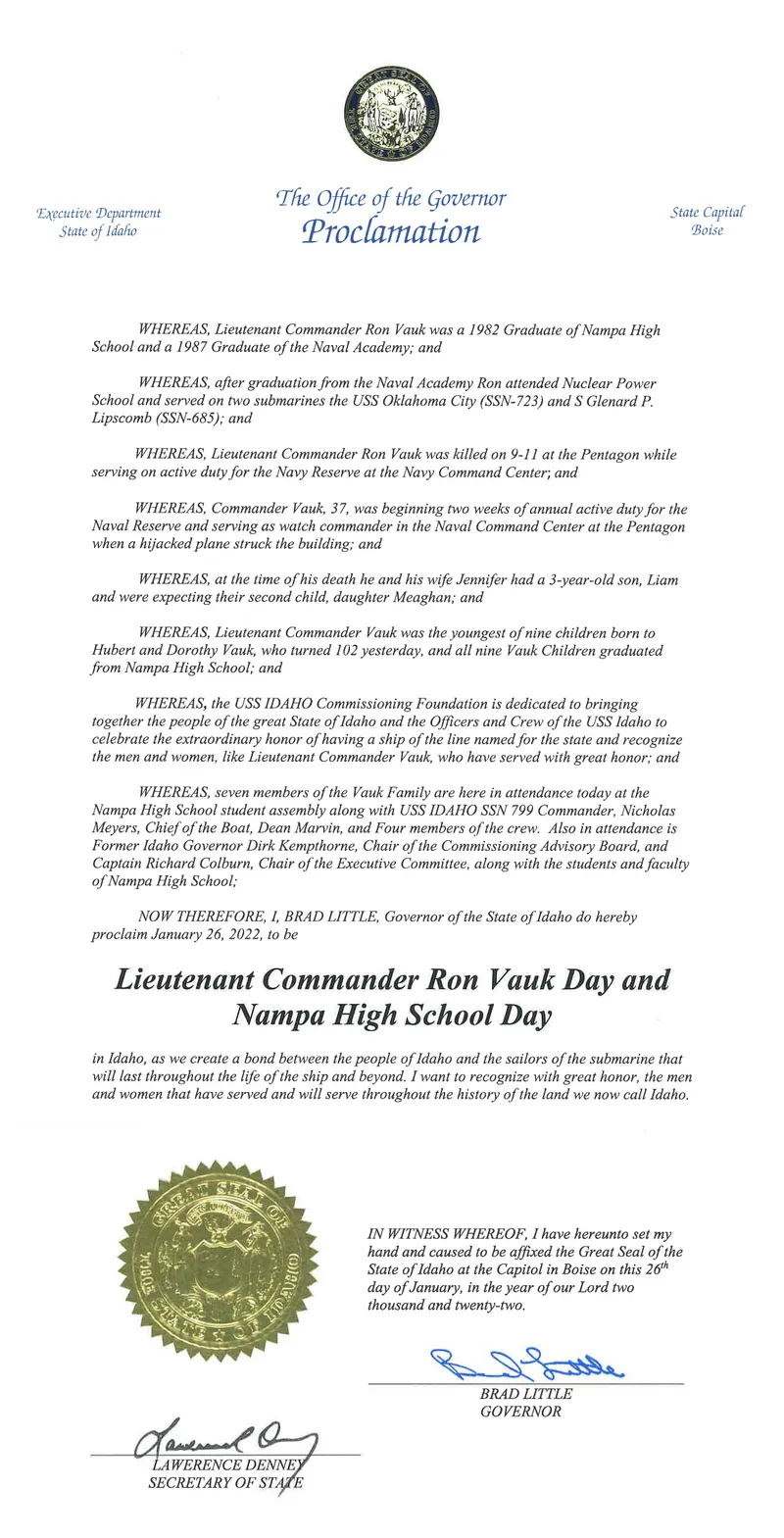 Proclamation from Idaho Governor, Brad Little